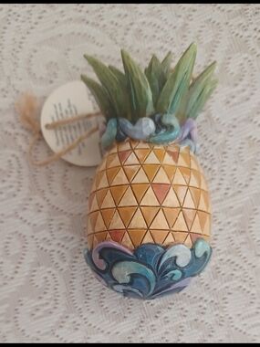 Jim Shore Carved Pineapple Decorative Ornament in Yellow & Green